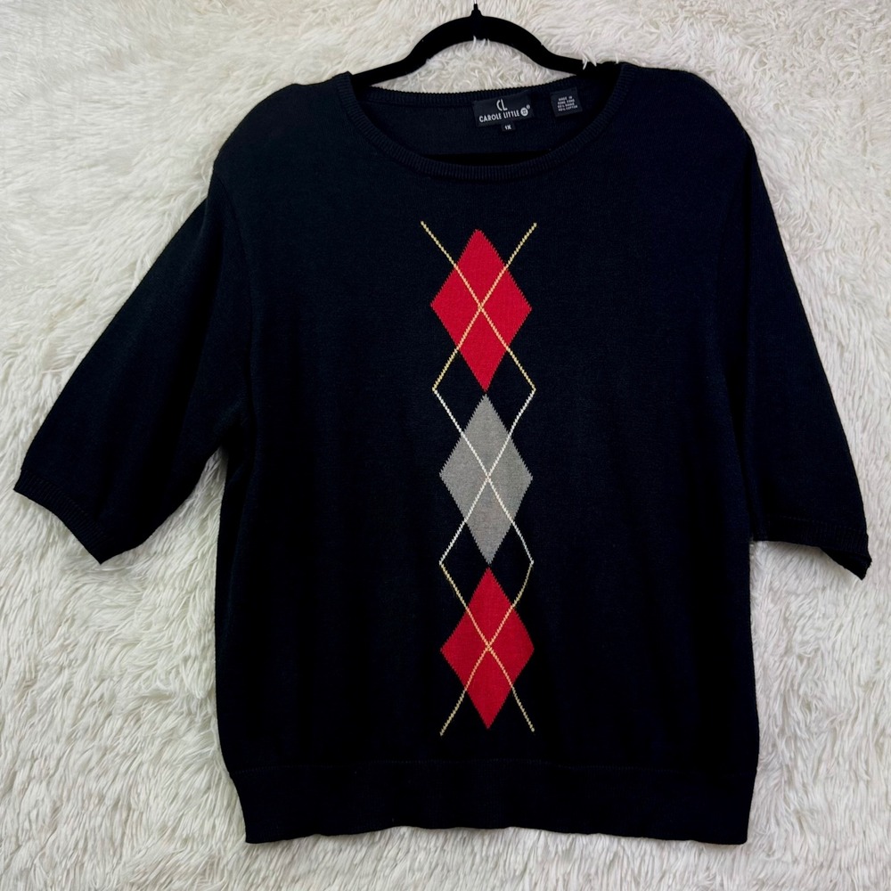 Vintage Carole Little Argyle Sweater 1X Shoulder Pads